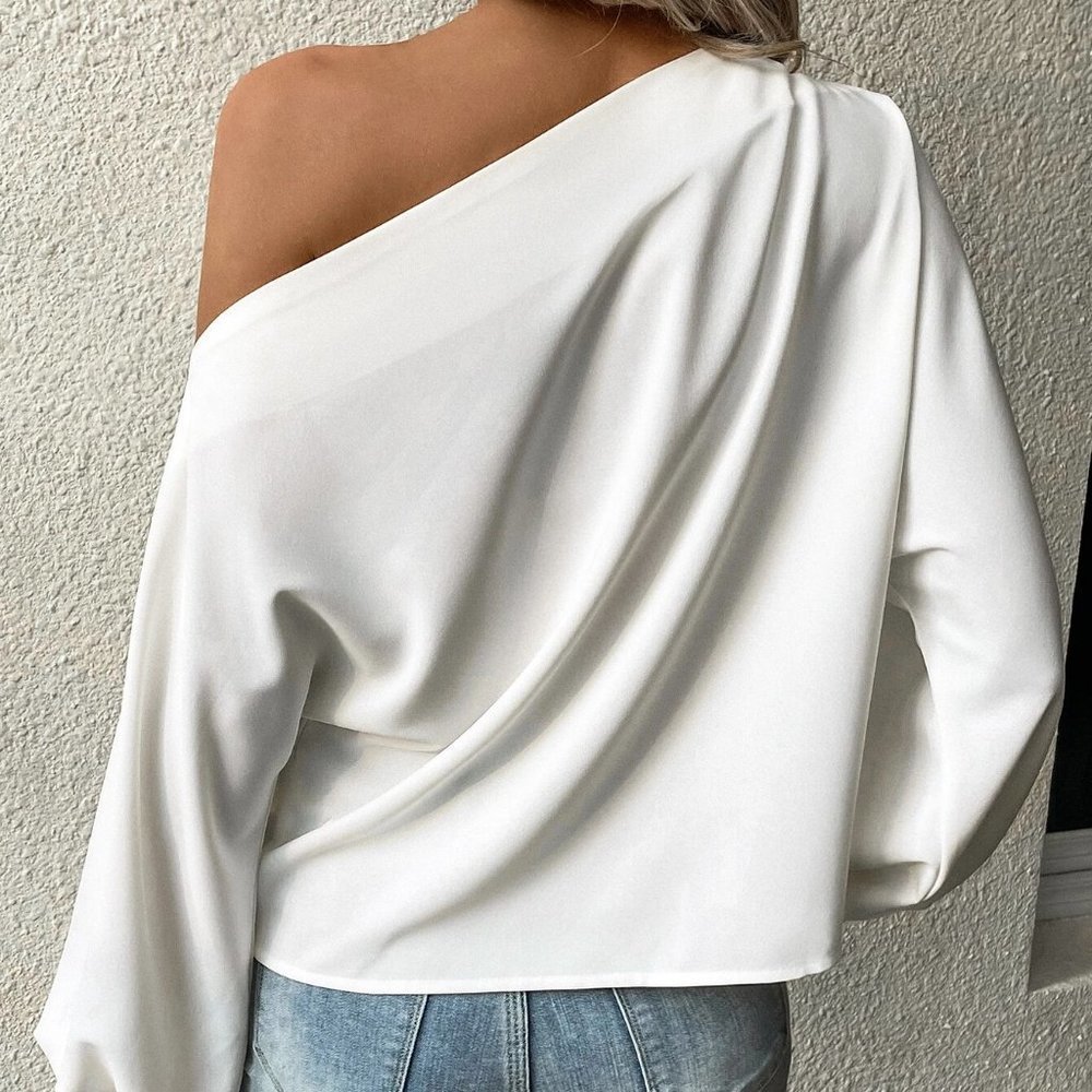 White Preppy Womens Asymmetrical Neck Lantern Sleeve Blouse - Picture 2 of 5